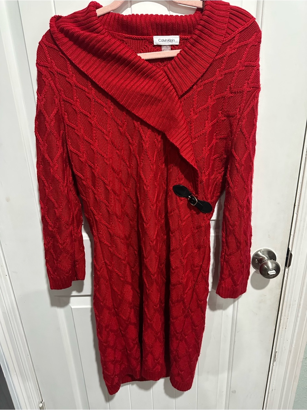 Calvin Klein Red Cable Knit Shawl-Collar Sweater Dress
